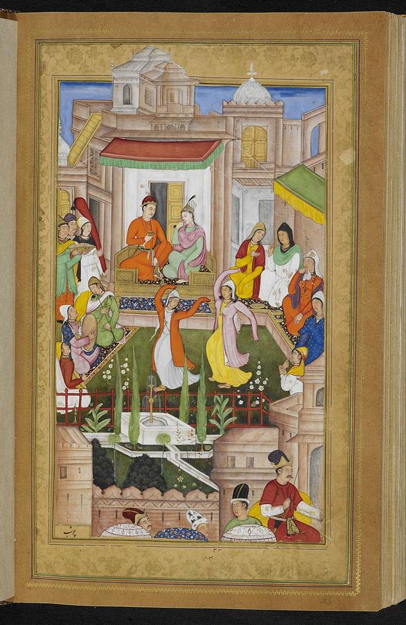 Architecture Painting -  Iskandar with Nushaba being entertained by Celestial Images