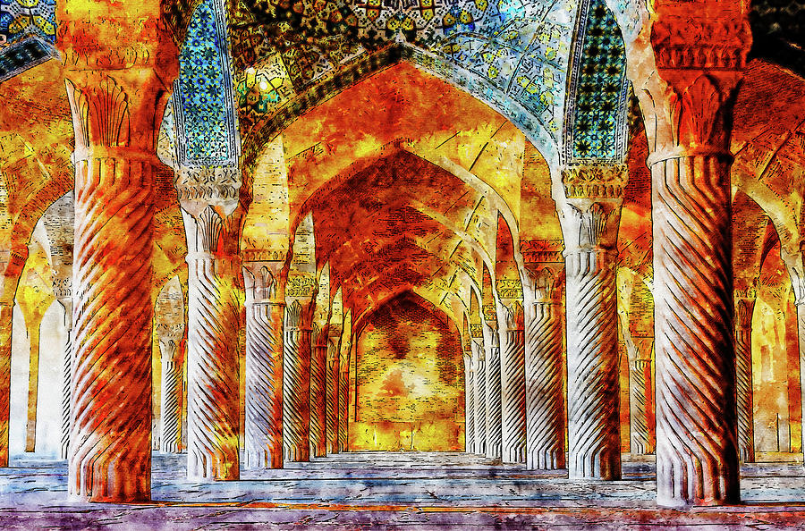 Islamic architecture watercolor drawing - inside mosque Drawing by
