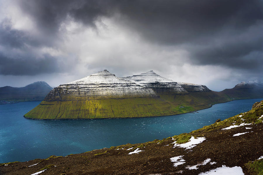 Island of Kalsoy viewed from the Klakkur mountain near Klaksvik on ...