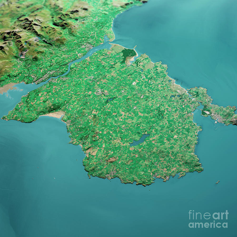 Map Digital Art - Isle Of Anglesey 3D Render Aerial Landscape View From North Sep  by Frank Ramspott