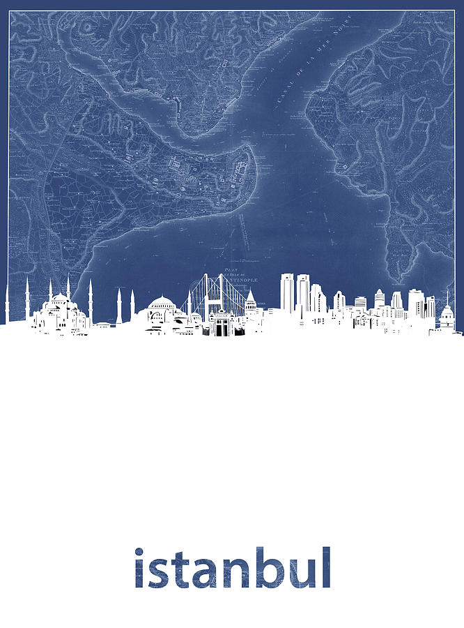 Istanbul Skyline Map Blue Digital Art by Bekim M