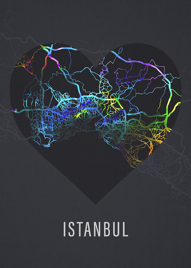Turkey Mixed Media - Istanbul Turkey City Heart Street Map Love Dark Mode by Design Turnpike