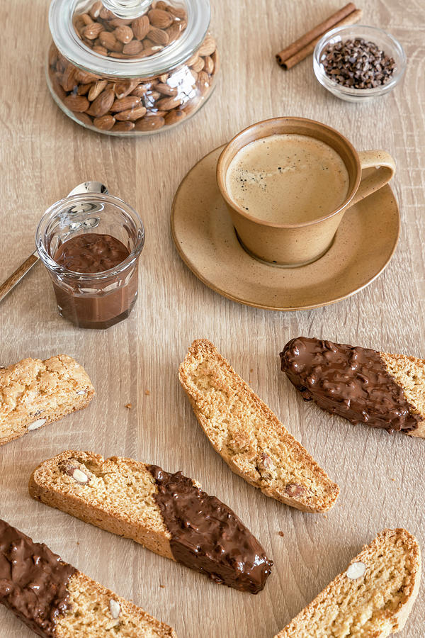 Italian Almond Cookies Cantucci With Dark Chocolate And Coffee Photograph by Alla Machutt