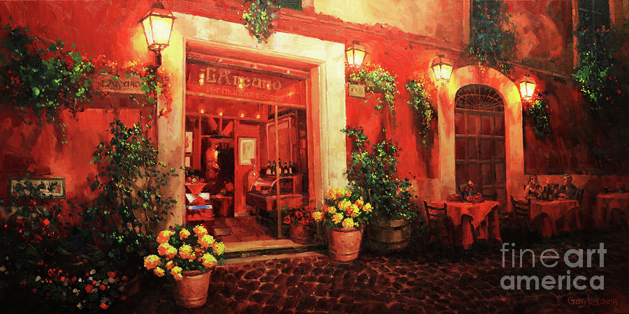 Italian cafe terrace at night Painting by Gary Kim