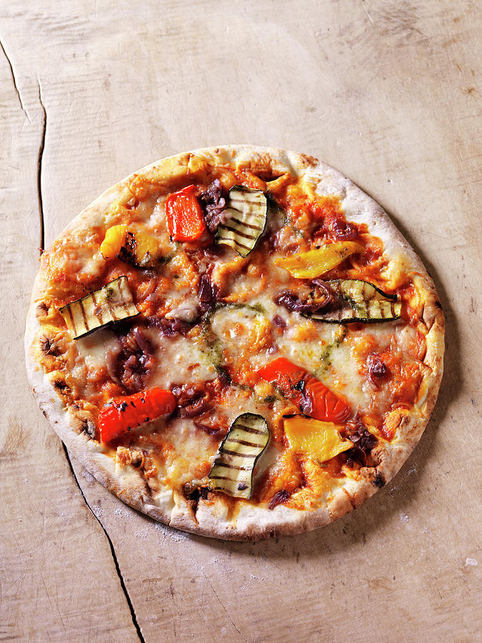 Still Life Digital Art - Italian Chargrilled Pizza With Courgettes, Peppers, Onions, Tomatoes And Cheese by Diana Miller