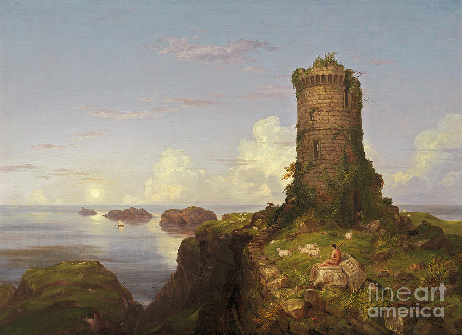 Italian Coast Scene with Ruined Tower, 1838 Painting by Thomas Cole