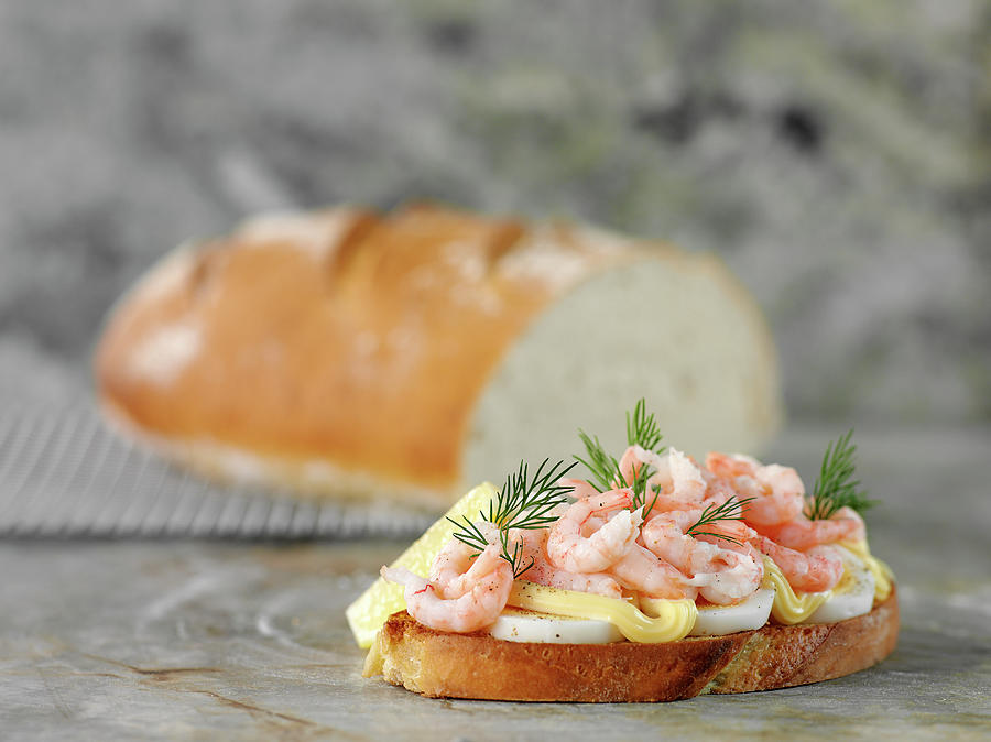 Italian Country Bread Topped With Egg, Shrimp And Mayonnaise Photograph by Pepe Nilsson
