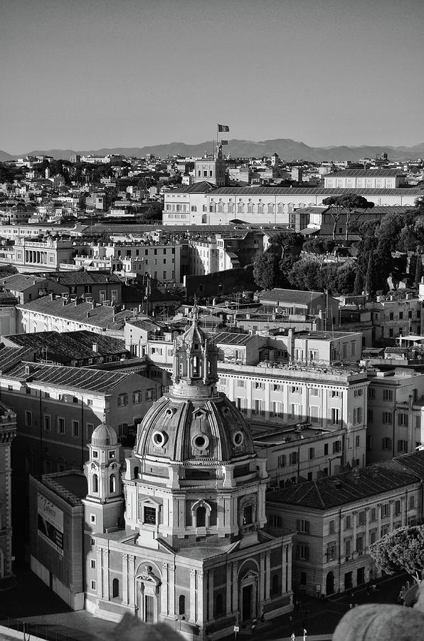 Italian Flag Flying over Rome Italy Black and White Photograph by Shawn OBrien