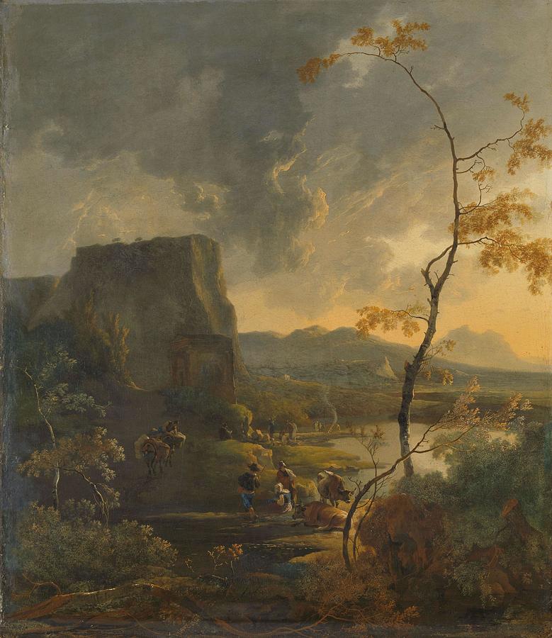 Italian Landscape with Ancient Tempietto. Painting by Adam Pijnacker
