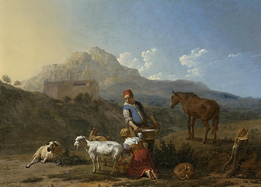 Italian Landscape with Goat Milkmaid Painting by Karel Dujardin