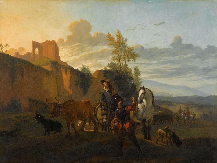 Italian Landscape with Soldiers. Painting by Karel Dujardin -copy after-