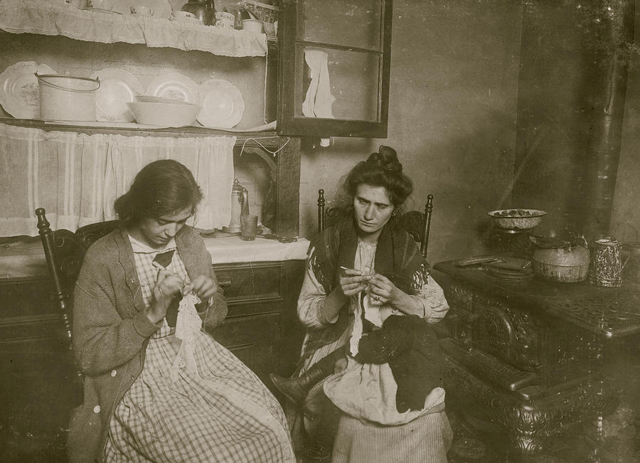 Italian women manufacture lace from their tenement apartment Painting by 