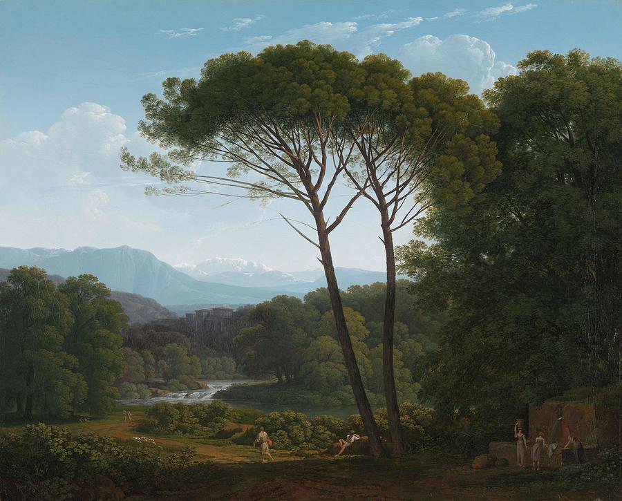 Italianate Landscape with Pines. Italiaans landschap met pijnbomen. Painting by Hendrik Voogd
