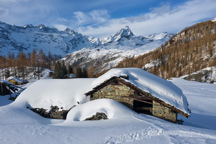 Italy, Aosta Valley, Aosta District, Alps, Matterhorn (4478m), Valtournenche, Cabin And Matterhorn Digital Art by Massimo Ripani