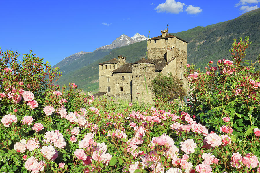 Italy, Aosta Valley, Aosta District, Alps, Saint-pierre, The Castle Of Sarriod De La Tour In Spring Digital Art by Davide Carlo Cenadelli
