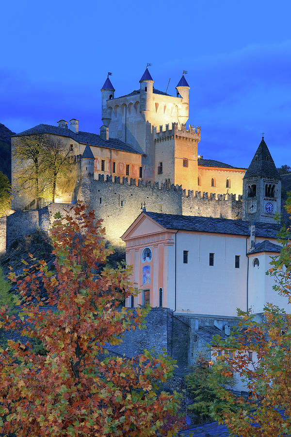 Italy, Aosta Valley, Aosta District, Alps, Saint-pierre, The Saint-pierre Castle In Autumn With Evening Lights Digital Art by Davide Carlo Cenadelli