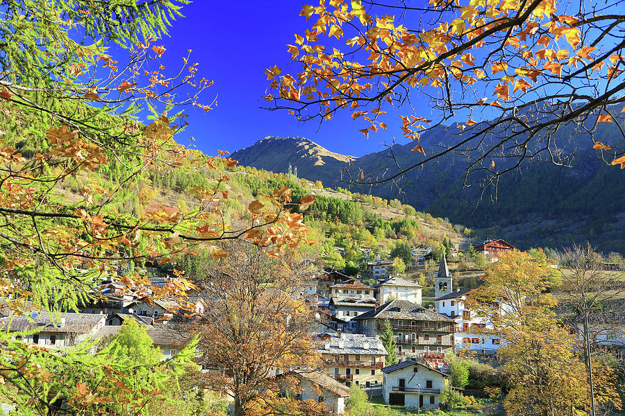 Italy, Aosta Valley, Aosta District, Alps, Valle Del Gran San Bernardo, Etroubles, The Village In Autumn Digital Art by Davide Carlo Cenadelli