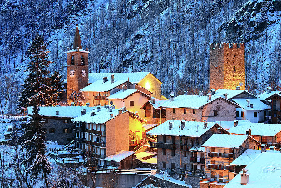Italy, Aosta Valley, Aosta District, Alps, Valle Di Champorcher, Champorcher, Town After A Snowfall Digital Art by Davide Carlo Cenadelli