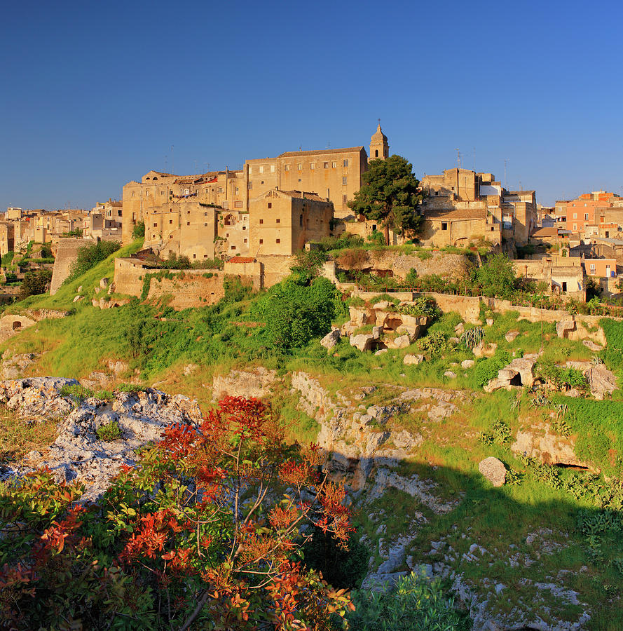 Italy, Apulia, Bari District, Alta Murgia National Park, Murge, Gravina In Puglia, View Of The Town Perched Over A  Canyon Called Gravina And Santa Maria Assunta Cathedral Digital Art by Riccardo Spila