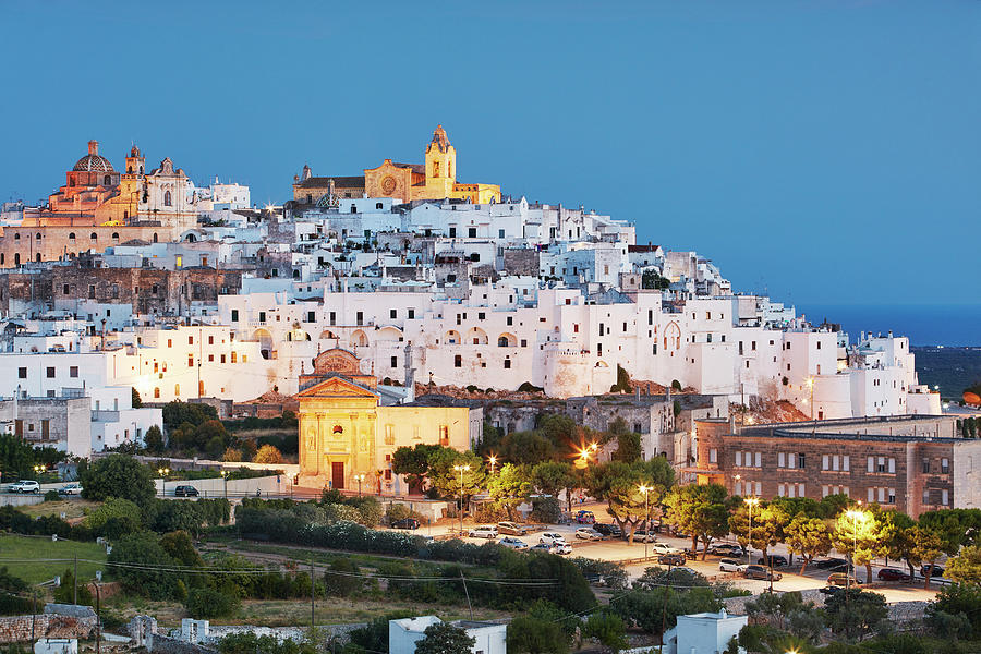 Italy, Apulia, Brindisi District, Itria Valley, Ostuni, View Across The Hilltop Fortress City Of Ostuni At Night Digital Art by Richard Taylor
