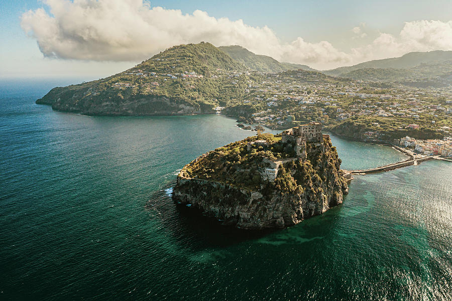 Italy, Campania, Napoli District, Mediterranean Sea, Tyrrhenian Sea, Ischia Island, Ischia Ponte, Aragonese Castle Aerial View Digital Art by Giuseppe Greco