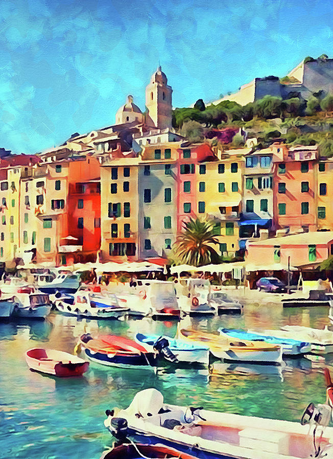Art painted boat Italy holiday gift. Sea waves and panorama Italian landscape Oil painting boat and sea in Liguria