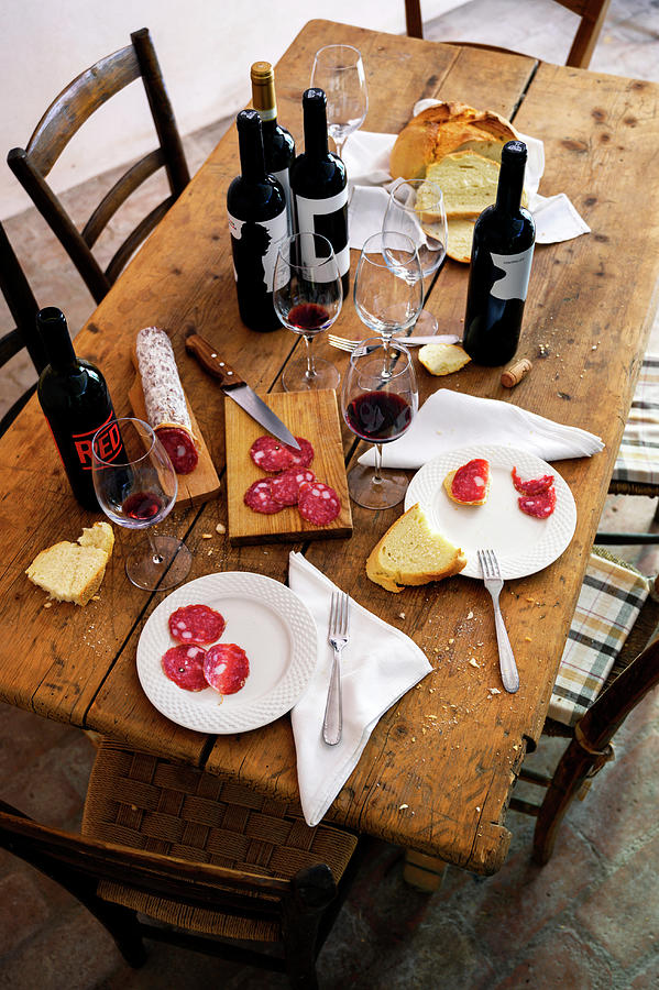 Wine Digital Art - Italy, Emilia-romagna, Bologna District, Zola Predosa, Cantina Manaresi (cellar) - Tasting With Red Wine And Salami by Franco Cogoli