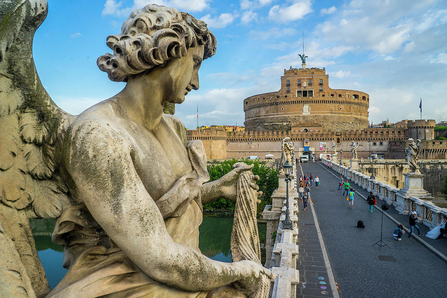 Italy, Latium, Roma District, Rome, Mausoleum Of Hadrian, Tiber, Tevere, View From Santangelo Bridge Digital Art by Guido Cozzi
