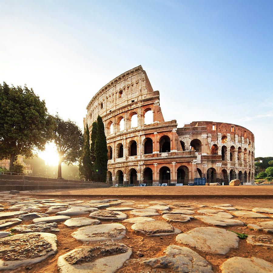 Italy, Latium, Roma District, Rome, Roman Forum, Colosseum, Sunrise Over The Amphitheater Flavius Digital Art by Luigi Vaccarella