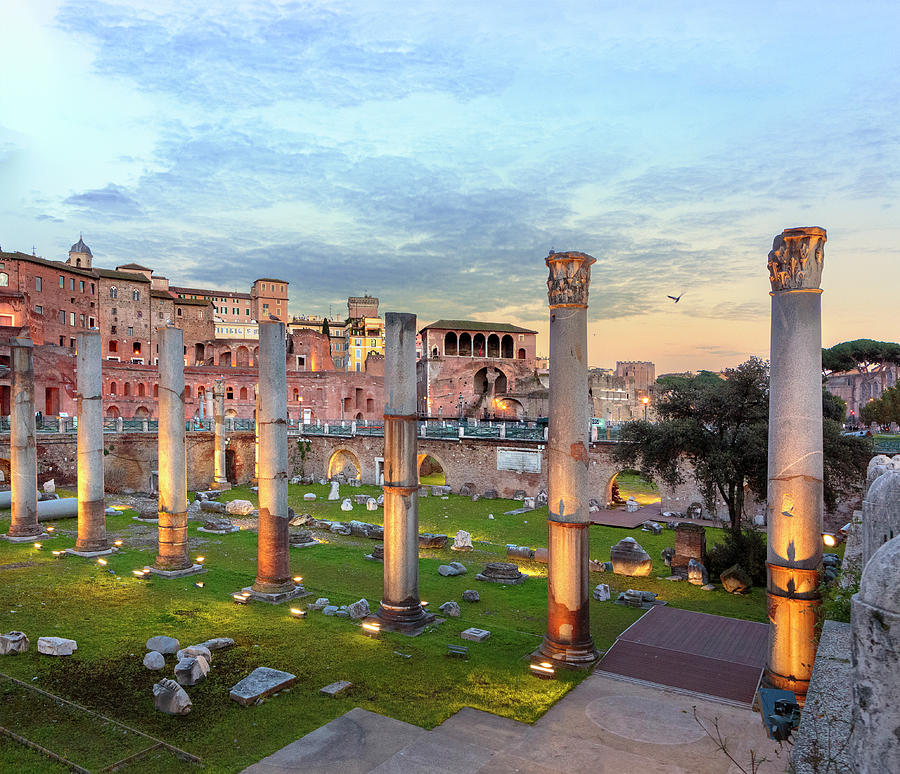 Italy, Latium, Roma District, Rome, Roman Forum, Roman Forum At The First Evening Lights Digital Art by Paolo Giocoso