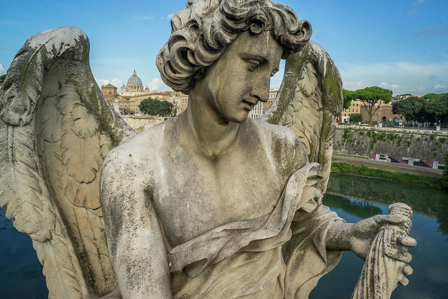 Italy, Latium, Roma District, Rome, Tiber, Tevere, Statue On Ponte Santangelo And San Pietro Cathedral In Background Digital Art by Guido Cozzi