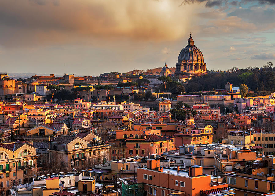 Italy, Latium, Roma District, Seven Hills Of Rome, Vatican City, Rome, St Peters Basilica, Panorama Over The City At Sunset With The Dome Of St Peter Digital Art by Luigi Vaccarella