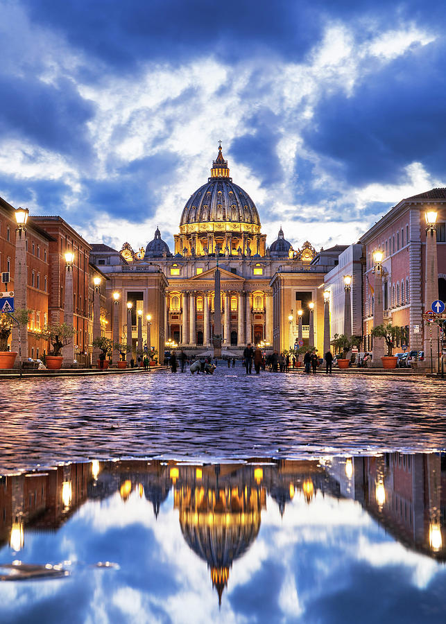 Italy, Latium, Roma District, Vatican City, Rome, St Peters Square, St Peters Basilica, Basilica With Its Dome Reflecting In A Pool Of Water Digital Art by Luigi Vaccarella