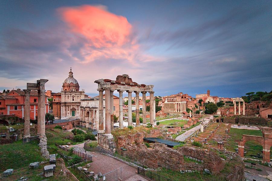 Italy, Latium, Seven Hills Of Rome, Roma District, Rome, Roman Forum, Sunset Over The Forum Digital Art by Luigi Vaccarella