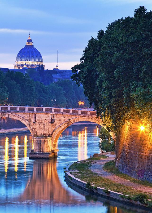Italy, Latium, Tiber, Tevere, Tiber, Roma District, Rome, Ponte Sisto With The Dome Of Saint Peters Basilica In Background Digital Art by Luigi Vaccarella