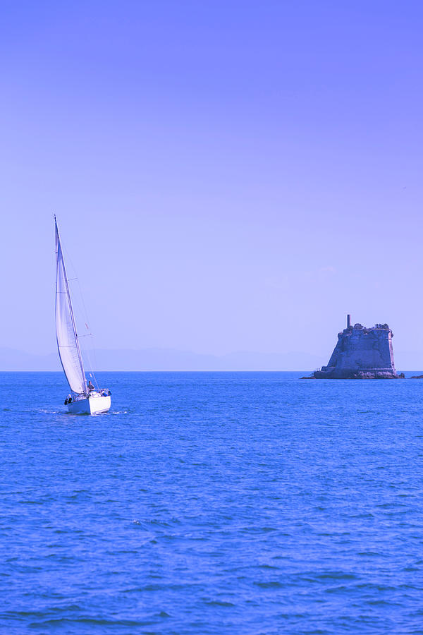 Italy, Liguria, La Spezia District, Mediterranean Sea, Ligurian Sea, Ligurian Riviera, Portovenere, Boat Sailing In Porto Venere Digital Art by Stefano Brozzi