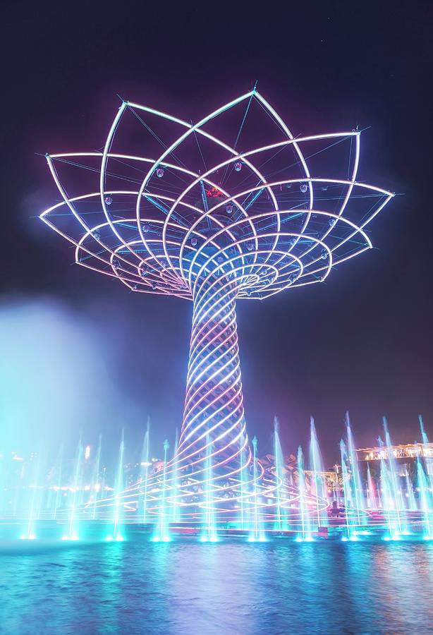 Italy, Lombardy, Milano District, Milan, Expo 2015, The Tree Of Life In The Middle Of Lake Arena, Sheet Of Water Digital Art by Bruno Cossa