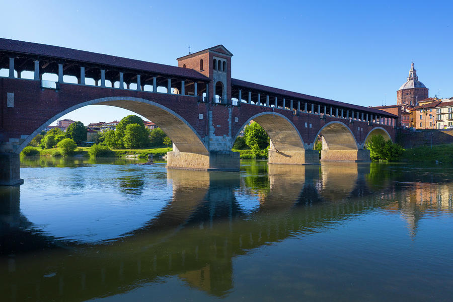 Italy, Lombardy, Pavia District, Pavia, Covered Bridge Over The Ticino River Digital Art by Massimo Ripani