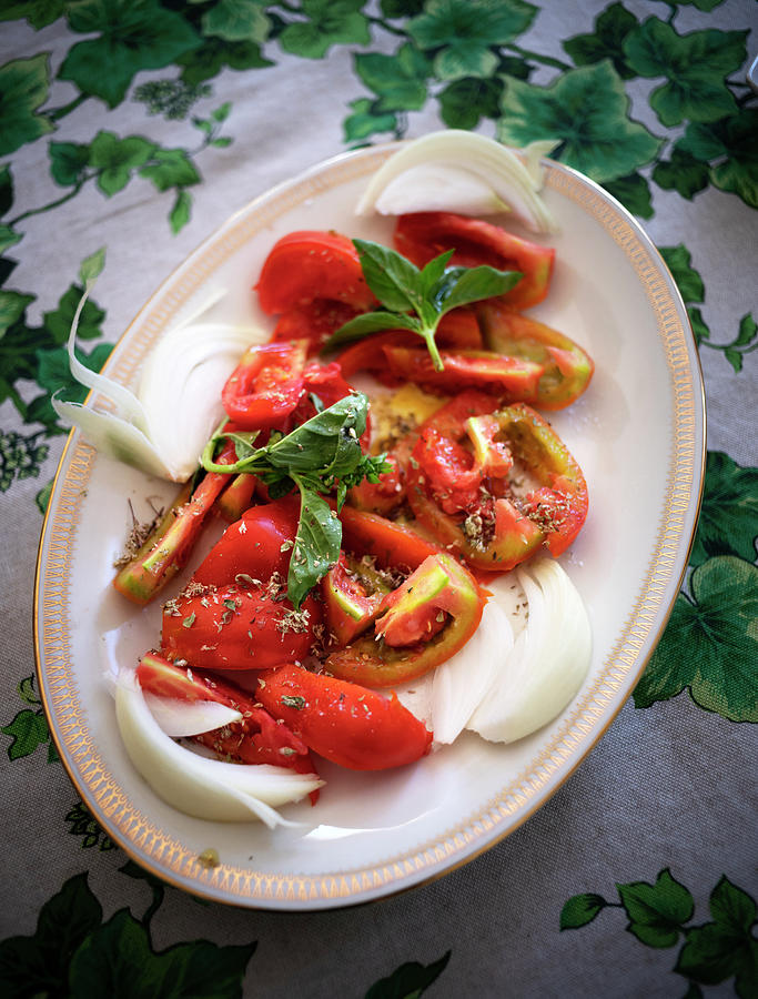 Italy, Molise, Campobasso District, Larino, Plate Of Fresh Tomatoes With Onion, Basil And Oregano Digital Art by Franco Cogoli