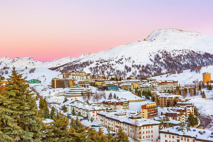 Italy, Piedmont, Torino District, Val Di Ssestriere, Sestriere Ski Area At Dusk Digital Art by Marco Arduino