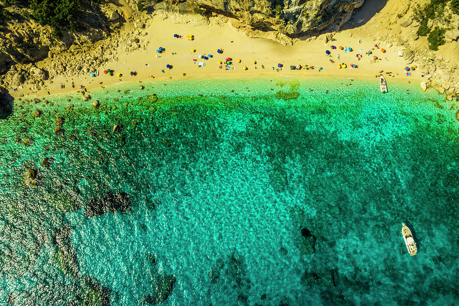 Italy, Sardinia, Golfo Di Orosei, Parco Nazionale Del Gennargentu E Golfo Di Orosei, Baunei, Aerial Of Cala Dei Gabbiani Beach In Summer Digital Art by Manfred Bortoli