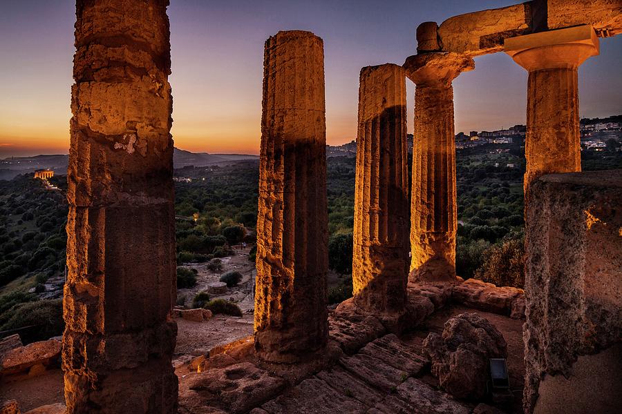 Italy, Sicily, Agrigento District, Agrigento, Valley Of The Temples, The Temple Of Juno Lacinia In The Valley Of The Temples, An Archeological Site In Agrigento, At Sunset Digital Art by Vittorio Sciosia