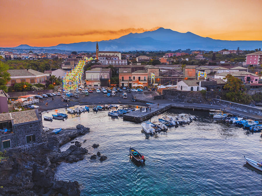 Italy, Sicily, Catania District, Mediterranean Sea, Acireale, Port Of Pozzillo Seen From Above, Etna In The Background Digital Art by Alessandro Saffo