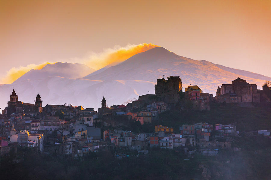Italy, Sicily, Catania District, Mount Etna, Castiglione Di Sicilia, The City Of Castiglione Di Sicilia At Sunset With Etna In The Background Digital Art by Alessandro Saffo