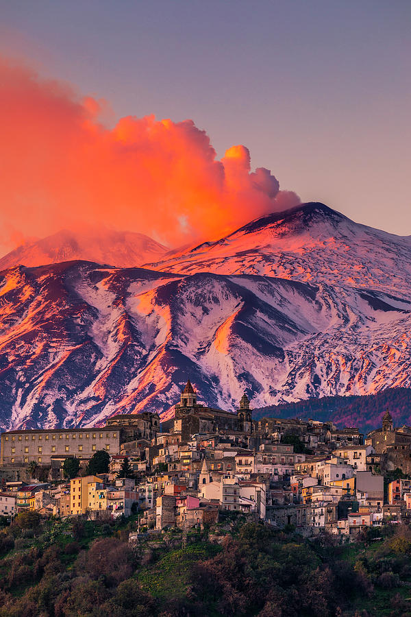 Italy, Sicily, Catania District, Mount Etna, Castiglione Di Sicilia, Town With Mount Etna In Background, Eruption Digital Art by Alessandro Saffo