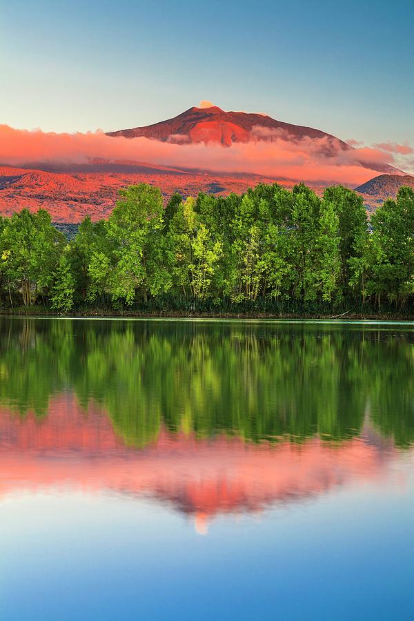 Italy, Sicily, Catania District, Mount Etna, The Gurrida Lake Near Randazzo, Mount Etna In The Background Digital Art by Alessandro Saffo