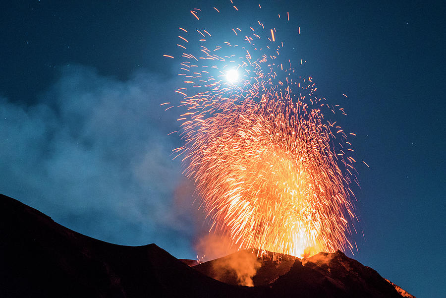 Italy, Sicily, Messina District, Aeolian Islands, Stromboli, Volcano In Eruption With Stars And Moon At Night Digital Art by Manfred Bortoli