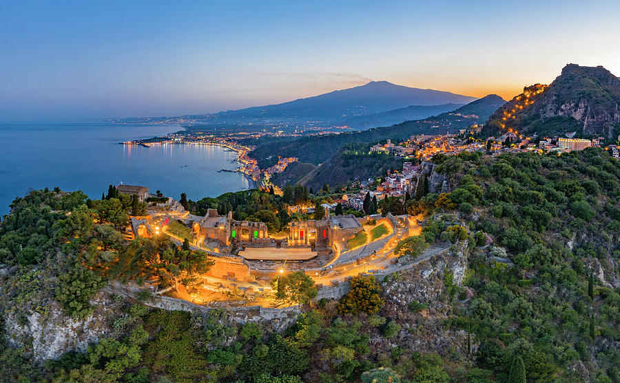 Italy, Sicily, Messina District, Mediterranean Sea, Taormina, Ancient Theater With Etna In The Background Digital Art by Antonino Bartuccio