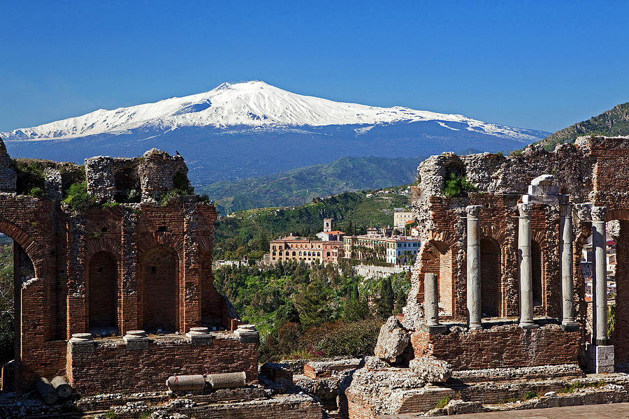 Italy, Sicily, Messina District, Taormina, Greek Theatre And Mount Etna In Background Digital Art by Alessandro Saffo