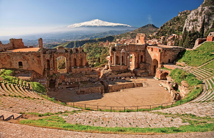 Italy, Sicily, Messina District, Taormina, Greek Theatre, Mount Etna In Background Digital Art by Antonino Bartuccio